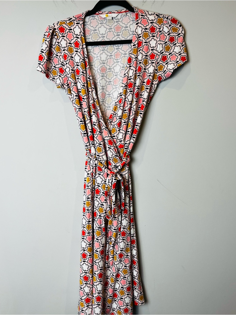 Boden Retro Floral Jersey Stretch Wrap Dress Pink Coral Mustard Size 4